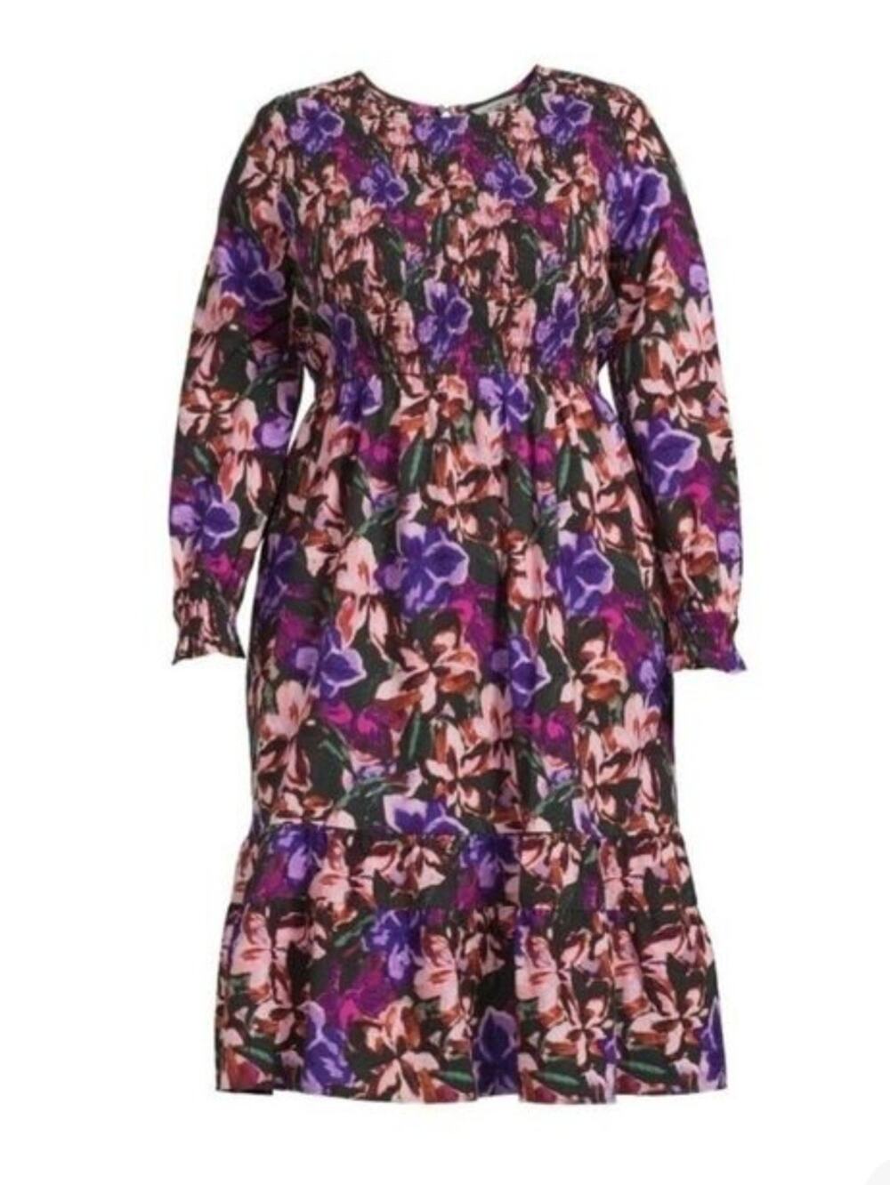 NWT Smocked TERRA & SKY Purple and Pink Floral Long Sleeve Midi Dress Size 4XL